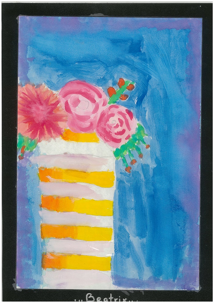 A painting of a vase of flowers. The vase is orientated on the left side of the page and is below and white striped. There are three pink flowers in the vase with some green foliage. The background is blue and purple.