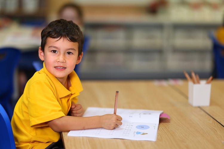 Kindergarten boy student writing in a workbook.